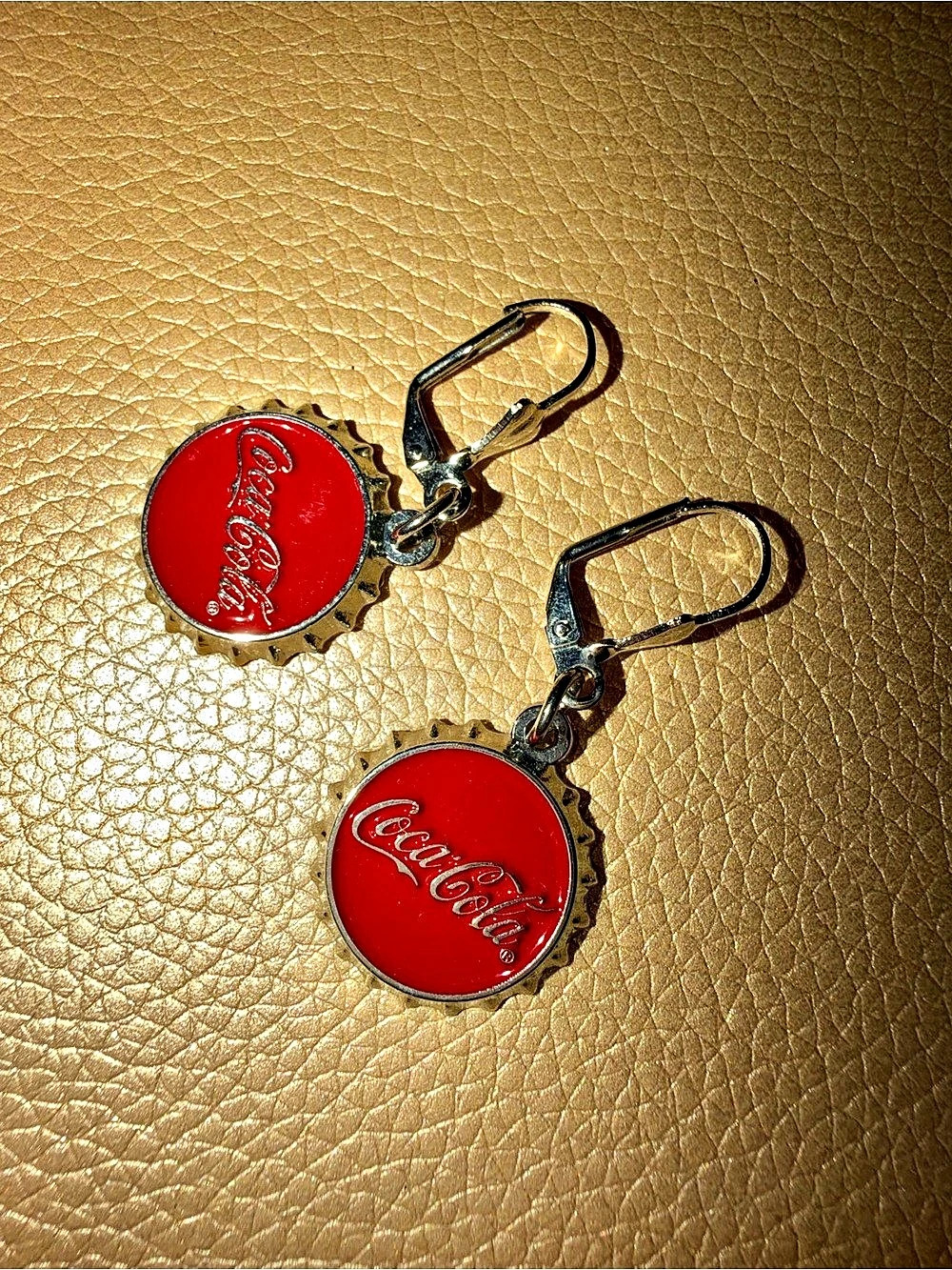 Coca-Cola Red Bottle Cap Leverback Dangle Earrings